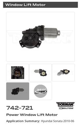 742-721 Dorman Power Window Motor Fits 06-10 Hyundai Sonata
